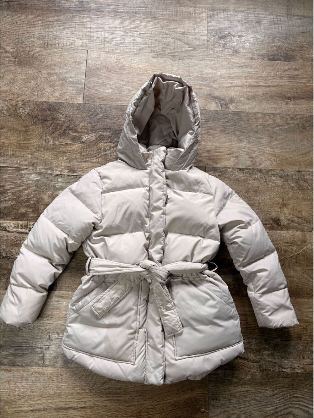 Zara Girls Beige Puffer Coat with Hood and Belt Size 10 Medium